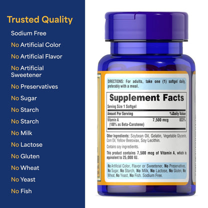 Puritan's Pride Beta-Carotin Provitamin A 7.500 mcg (25.000 IE) – 100 Kapseln zur Unterstützung des Immunsystems, der Augengesundheit und als Antioxidans