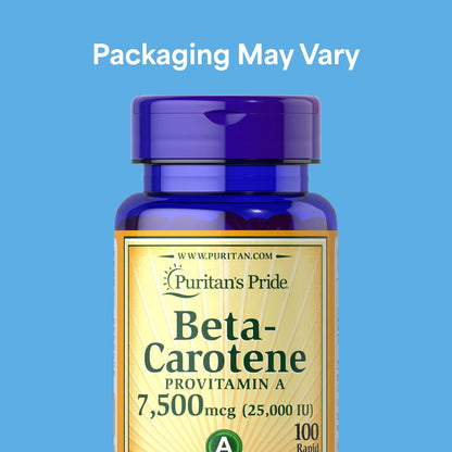 Puritan's Pride Beta-Carotin Provitamin A 7.500 mcg (25.000 IE) – 100 Kapseln zur Unterstützung des Immunsystems, der Augengesundheit und als Antioxidans