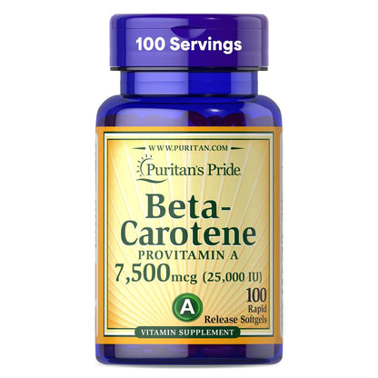 Puritan's Pride Beta-Carotin Provitamin A 7.500 mcg (25.000 IE) – 100 Kapseln zur Unterstützung des Immunsystems, der Augengesundheit und als Antioxidans