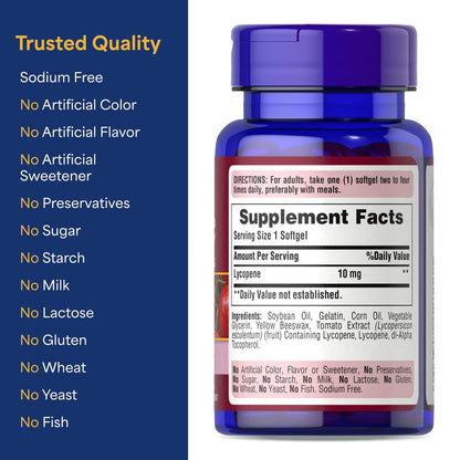Puritan's Pride Premium Lycopene 10 mg – Nahrungsergänzungsmittel für Prostata-, Herz- und Antioxidantien-Unterstützung, 100 Softgels