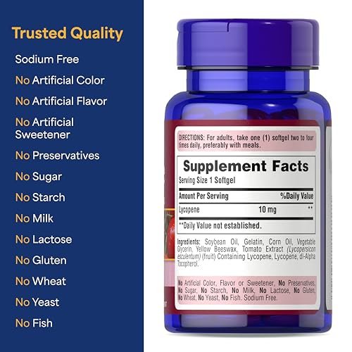 Puritan's Pride Premium Lycopene 10 mg – Nahrungsergänzungsmittel für Prostata-, Herz- und Antioxidantien-Unterstützung, 100 Softgels