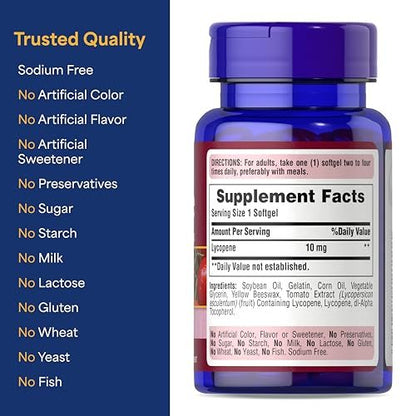 Puritan's Pride Premium Lycopene 10 mg – Nahrungsergänzungsmittel für Prostata-, Herz- und Antioxidantien-Unterstützung, 100 Softgels