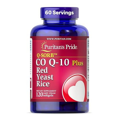 Puritan's Pride Q-Sorb™ Coenzym CoQ10 Nahrungsergänzungsmittel für Herzgesundheit, Mundgesundheit und gesundes Altern, plus Rote Hefe Reis für verbesserte Verdauung, 120 Schnellfreisetzung Weichkapseln
