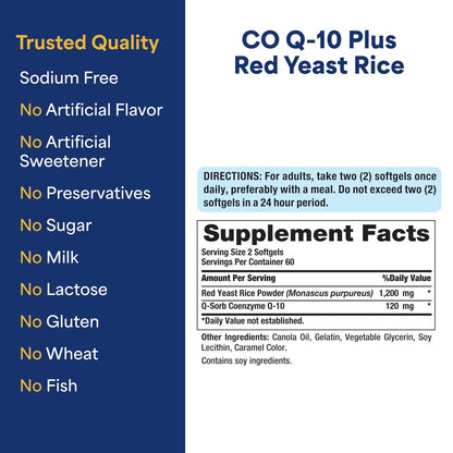 Puritan's Pride Q-Sorb™ Coenzym CoQ10 Nahrungsergänzungsmittel für Herzgesundheit, Mundgesundheit und gesundes Altern, plus Rote Hefe Reis für verbesserte Verdauung, 120 Schnellfreisetzung Weichkapseln
