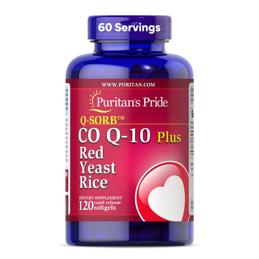 Puritan's Pride Q-Sorb™ Coenzym CoQ10 Nahrungsergänzungsmittel für Herzgesundheit, Mundgesundheit und gesundes Altern, plus Rote Hefe Reis für verbesserte Verdauung, 120 Schnellfreisetzung Weichkapseln