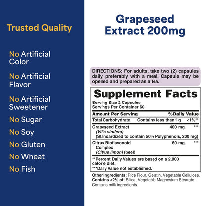 Puritan's Pride Traubenextrakt 200 mg – Nahrungsergänzungsmittel für Antioxidantien- und Herzunterstützung, 2-Monats-Vorrat, 120 Kapseln mit schneller Freisetzung