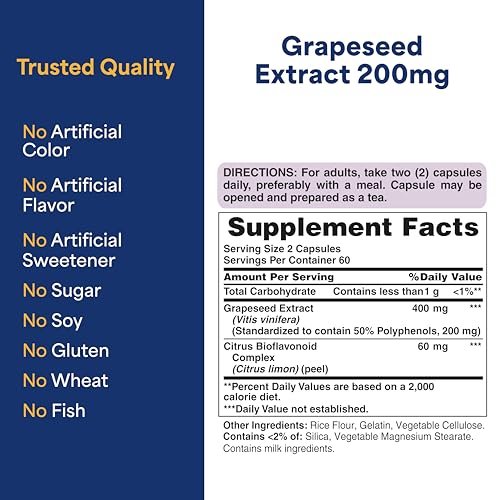 Puritan's Pride Traubenextrakt 200 mg – Nahrungsergänzungsmittel für Antioxidantien- und Herzunterstützung, 2-Monats-Vorrat, 120 Kapseln mit schneller Freisetzung