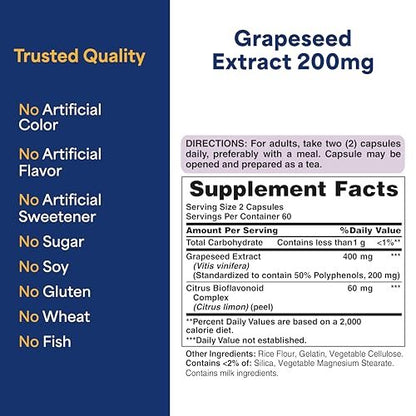 Puritan's Pride Traubenextrakt 200 mg – Nahrungsergänzungsmittel für Antioxidantien- und Herzunterstützung, 2-Monats-Vorrat, 120 Kapseln mit schneller Freisetzung
