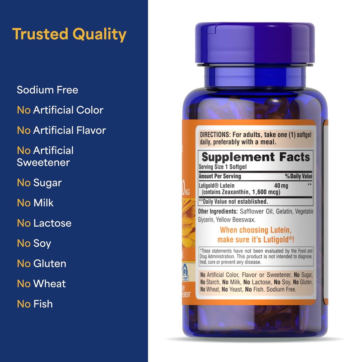 Puritan's Pride Premium Lutigold™ Lutein Carotinoid 40 mg mit Zeaxanthin für Männer und Frauen, Nahrungsergänzungsmittel zur Unterstützung der Augengesundheit, 2-Monats-Vorrat, 60 leicht schluckbare Weichkapseln