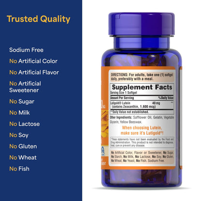 Puritan's Pride Premium Lutigold™ Lutein Carotinoid 40 mg mit Zeaxanthin für Männer und Frauen, Nahrungsergänzungsmittel zur Unterstützung der Augengesundheit, 2-Monats-Vorrat, 60 leicht schluckbare Weichkapseln