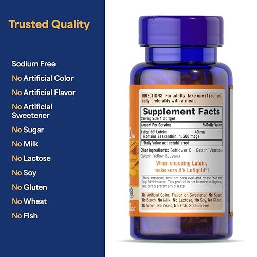 Puritan's Pride Premium Lutigold™ Lutein Carotinoid 40 mg mit Zeaxanthin für Männer und Frauen, Nahrungsergänzungsmittel zur Unterstützung der Augengesundheit, 2-Monats-Vorrat, 60 leicht schluckbare Weichkapseln