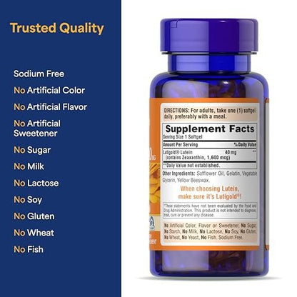 Puritan's Pride Premium Lutigold™ Lutein Carotinoid 40 mg mit Zeaxanthin für Männer und Frauen, Nahrungsergänzungsmittel zur Unterstützung der Augengesundheit, 2-Monats-Vorrat, 60 leicht schluckbare Weichkapseln