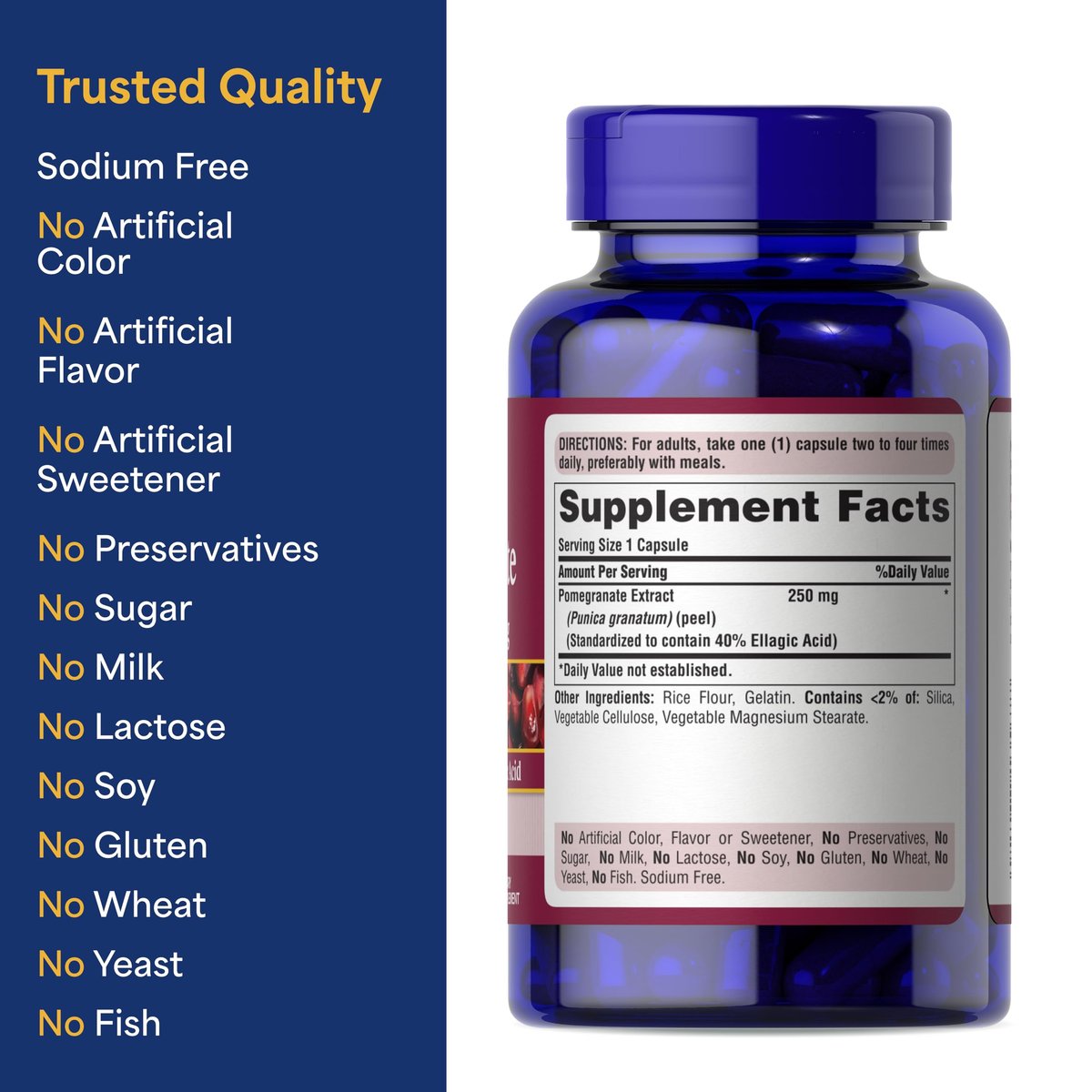 Puritan's Pride Premium Granatapfel-Extrakt 250 mg – Nahrungsergänzungsmittel für Antioxidantien-Schutz und gesundes Altern, 40 % Ellagsäure, 120 Kapseln (schnell freisetzend)
