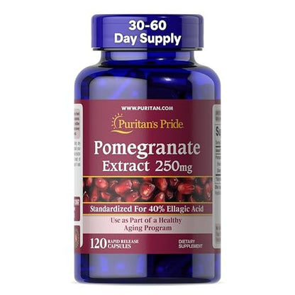Puritan's Pride Premium Granatapfel-Extrakt 250 mg – Nahrungsergänzungsmittel für Antioxidantien-Schutz und gesundes Altern, 40 % Ellagsäure, 120 Kapseln (schnell freisetzend)