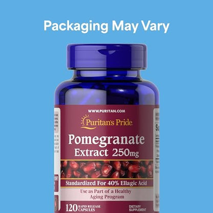 Puritan's Pride Premium Granatapfel-Extrakt 250 mg – Nahrungsergänzungsmittel für Antioxidantien-Schutz und gesundes Altern, 40 % Ellagsäure, 120 Kapseln (schnell freisetzend)