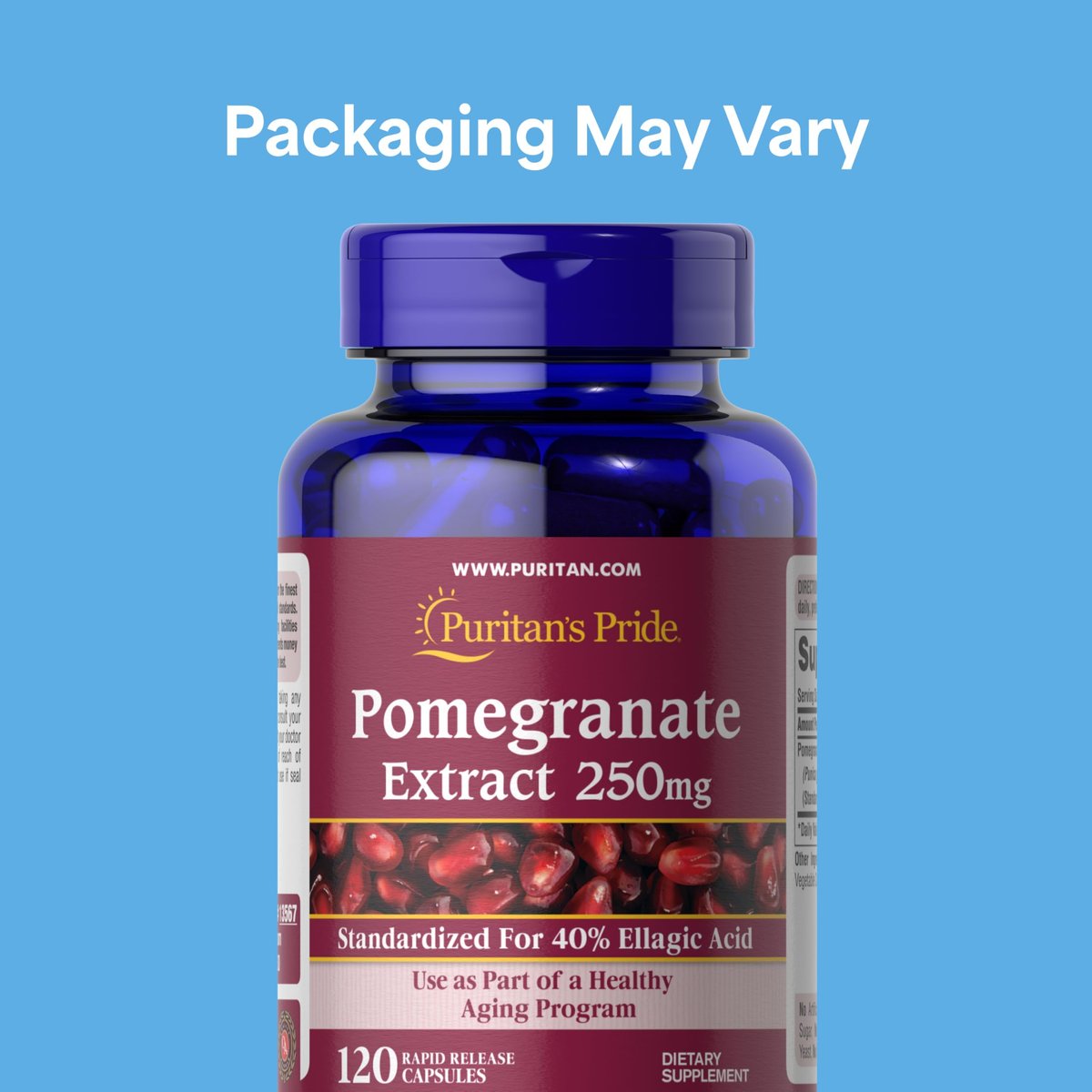 Puritan's Pride Premium Granatapfel-Extrakt 250 mg – Nahrungsergänzungsmittel für Antioxidantien-Schutz und gesundes Altern, 40 % Ellagsäure, 120 Kapseln (schnell freisetzend)