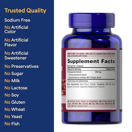 Puritan's Pride Premium Granatapfel-Extrakt 250 mg – Nahrungsergänzungsmittel für Antioxidantien-Schutz und gesundes Altern, 40 % Ellagsäure, 120 Kapseln (schnell freisetzend)
