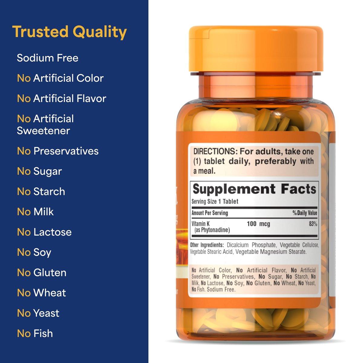 Puritan's Pride Premium Vitamin K 100mcg – Nahrungsergänzungsmittel für Knochen-, Gelenk- und Blutgerinnungsunterstützung, 100 Tabletten (100 Tage Versorgung)