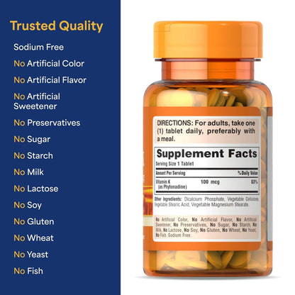 Puritan's Pride Premium Vitamin K 100mcg – Nahrungsergänzungsmittel für Knochen-, Gelenk- und Blutgerinnungsunterstützung, 100 Tabletten (100 Tage Versorgung)