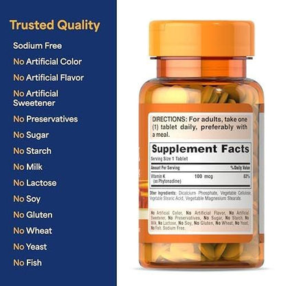 Puritan's Pride Premium Vitamin K 100mcg – Nahrungsergänzungsmittel für Knochen-, Gelenk- und Blutgerinnungsunterstützung, 100 Tabletten (100 Tage Versorgung)