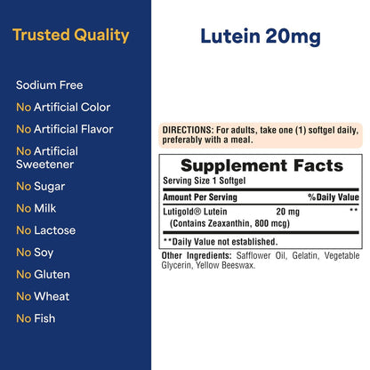 Puritan's Pride Premium Lutigold™ Lutein Carotinoid 20 mg mit Zeaxanthin für Männer und Frauen, Nahrungsergänzungsmittel zur Unterstützung der Augengesundheit, 8-Monats-Vorrat, 120 leicht schluckbare Weichkapseln