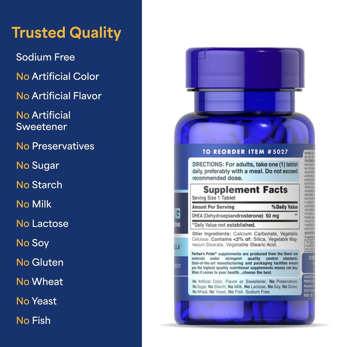 Puritan's Pride Youth Guard™ DHEA 50 mg – Nahrungsergänzungsmittel für gesundes Altern, 100 Tabletten (3-Monats-Vorrat)