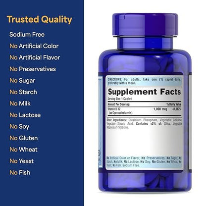 Puritan's Pride Vitamin B-12 1000mcg mit Zeitfreisetzung – Vegetarisches Nahrungsergänzungsmittel für Energiestoffwechsel, Herz, Kreislauf und Nervensystem – 8 Monate Versorgung, 250 Tabletten