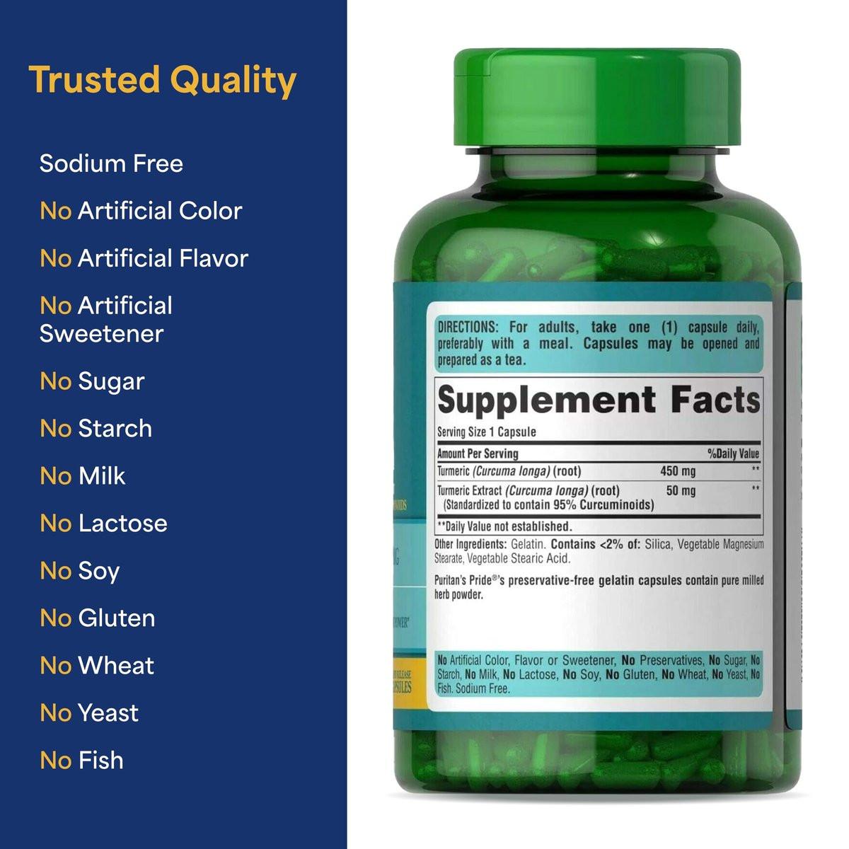 Puritan's Pride Kurkuma Curcumin 500 mg, standardisiert auf 95 % Curcuminoide, pflanzliches Nahrungsergänzungsmittel für antioxidative Gesundheit, 180 Kapseln mit schneller Freisetzung