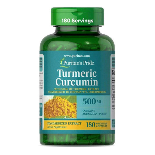 Puritan's Pride Kurkuma Curcumin 500 mg, standardisiert auf 95 % Curcuminoide, pflanzliches Nahrungsergänzungsmittel für antioxidative Gesundheit, 180 Kapseln mit schneller Freisetzung