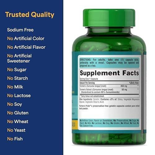 Puritan's Pride Kurkuma Curcumin 500 mg, standardisiert auf 95 % Curcuminoide, pflanzliches Nahrungsergänzungsmittel für antioxidative Gesundheit, 180 Kapseln mit schneller Freisetzung