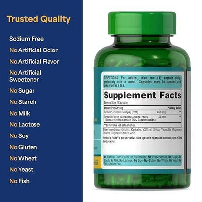 Puritan's Pride Kurkuma Curcumin 500 mg, standardisiert auf 95 % Curcuminoide, pflanzliches Nahrungsergänzungsmittel für antioxidative Gesundheit, 180 Kapseln mit schneller Freisetzung