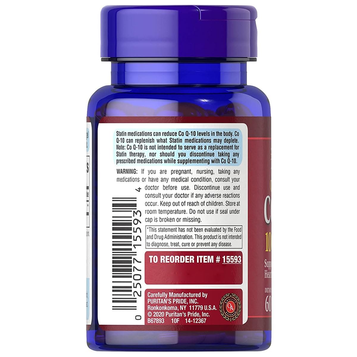 Puritan's Pride Coenzym Q10 100 mg – Nahrungsergänzungsmittel für Herzgesundheit, Blutdruck, Mundgesundheit und gesundes Altern, 60 Kapseln
