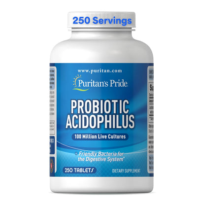 Puritan's Pride Tägliches Probiotikum Acidophilus, 100 Millionen lebende Kulturen, Nahrungsergänzungsmittel für Verdauungs-, Darm- und Immunsystem, Soja-, Natrium- und Glutenfrei, 8-Monats-Vorrat, 250 Tabletten