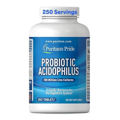 Puritan's Pride Tägliches Probiotikum Acidophilus, 100 Millionen lebende Kulturen, Nahrungsergänzungsmittel für Verdauungs-, Darm- und Immunsystem, Soja-, Natrium- und Glutenfrei, 8-Monats-Vorrat, 250 Tabletten