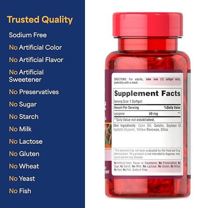 Puritan's Pride Premium Lycopene 40mg – Nahrungsergänzungsmittel für Prostata-, Antioxidans-, Herz- und allgemeine Gesundheit, 60 Kapseln, 2-Monats-Vorrat