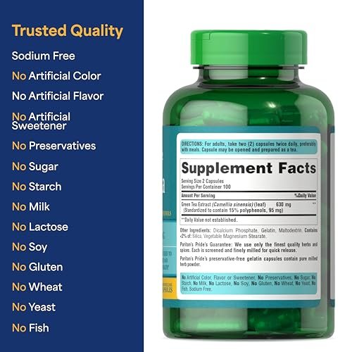 Puritan's Pride Grüner Tee Standardisierter Extrakt 315 mg, Nahrungsergänzungsmittel für Antioxidantien-Unterstützung, EGCG, 3-Monats-Vorrat, 200 Kapseln mit schneller Freisetzung