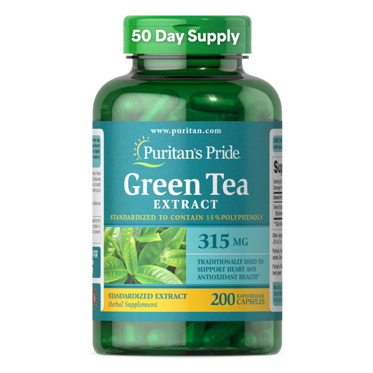 Puritan's Pride Grüner Tee Standardisierter Extrakt 315 mg, Nahrungsergänzungsmittel für Antioxidantien-Unterstützung, EGCG, 3-Monats-Vorrat, 200 Kapseln mit schneller Freisetzung