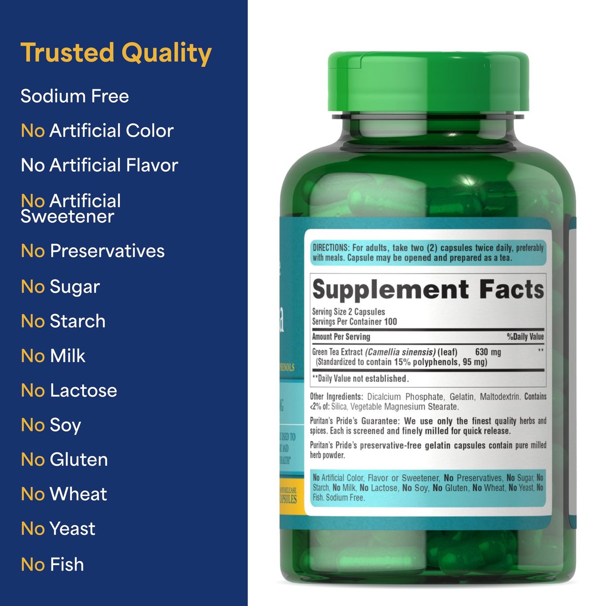 Puritan's Pride Grüner Tee Standardisierter Extrakt 315 mg, Nahrungsergänzungsmittel für Antioxidantien-Unterstützung, EGCG, 3-Monats-Vorrat, 200 Kapseln mit schneller Freisetzung
