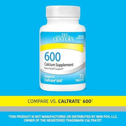 21st Century Calcium 600 mg Nahrungsergänzungsmittel (75 Tabletten) – Vegan-freundliches Knochenstärkungs-Calcium, Non-GMO & glutenfrei, ohne künstliche Aromen, geeignet für Männer & Frauen