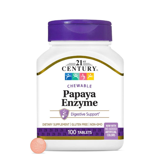 21st Century Papaya Enzym Kautabletten (100 Stück) – Verdauungsenzyme mit Papaya & Ananas für die Darmgesundheit, tropischer Geschmack, Non-GMO, glutenfrei, ohne zugesetztes Salz, künstliche Aromen