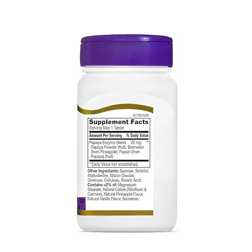 21st Century Papaya Enzym Kautabletten (100 Stück) – Verdauungsenzyme mit Papaya & Ananas für die Darmgesundheit, tropischer Geschmack, Non-GMO, glutenfrei, ohne zugesetztes Salz, künstliche Aromen