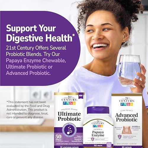 21st Century Papaya Enzym Kautabletten (100 Stück) – Verdauungsenzyme mit Papaya & Ananas für die Darmgesundheit, tropischer Geschmack, Non-GMO, glutenfrei, ohne zugesetztes Salz, künstliche Aromen