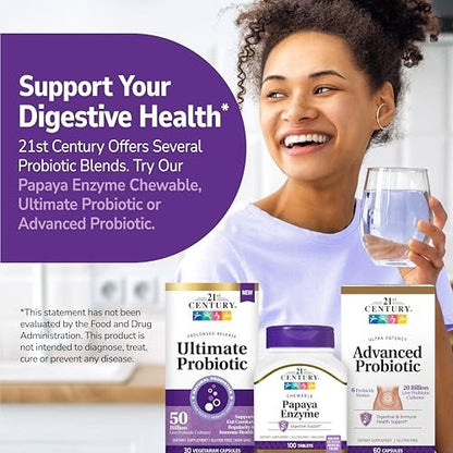 21st Century Papaya Enzym Kautabletten (100 Stück) – Verdauungsenzyme mit Papaya & Ananas für die Darmgesundheit, tropischer Geschmack, Non-GMO, glutenfrei, ohne zugesetztes Salz, künstliche Aromen