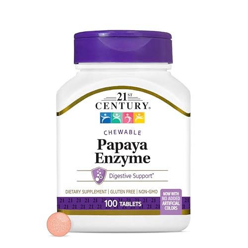 21st Century Papaya Enzym Kautabletten (100 Stück) – Verdauungsenzyme mit Papaya & Ananas für die Darmgesundheit, tropischer Geschmack, Non-GMO, glutenfrei, ohne zugesetztes Salz, künstliche Aromen