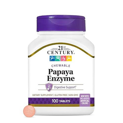 21st Century Papaya Enzym Kautabletten (100 Stück) – Verdauungsenzyme mit Papaya & Ananas für die Darmgesundheit, tropischer Geschmack, Non-GMO, glutenfrei, ohne zugesetztes Salz, künstliche Aromen