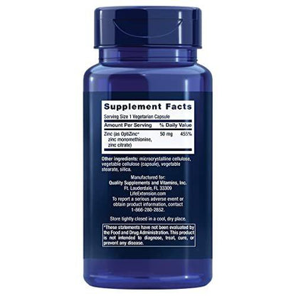 Life Extension Zinc Caps – 50 mg Zinkcitrat, Immunsystem Unterstützung, Hoch bioverfügbar, Vegetarisch, Nicht-GVO, Glutenfrei, 90 Kapseln