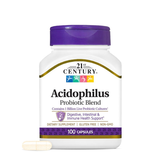 21st Century Acidophilus Probiotische Mischung Kapseln (100 Stück) – Tägliches Probiotikum mit Lactobacillus Acidophilus zur Unterstützung der Verdauungsgesundheit und des Immunsystems – Nicht-GVO, Glutenfrei