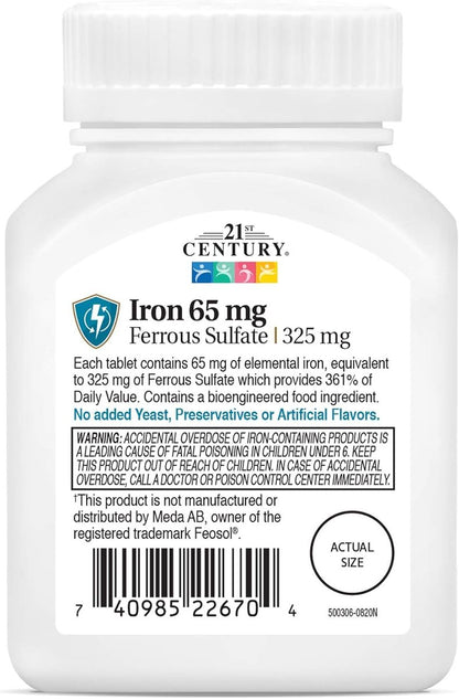 21st Century Slow-Release Eisenpräparat, 120 Tabletten, Hochpotentes veganes Eisen mit 325 mg Eisensulfat, glutenfrei, ohne Hefe oder künstliche Aromen