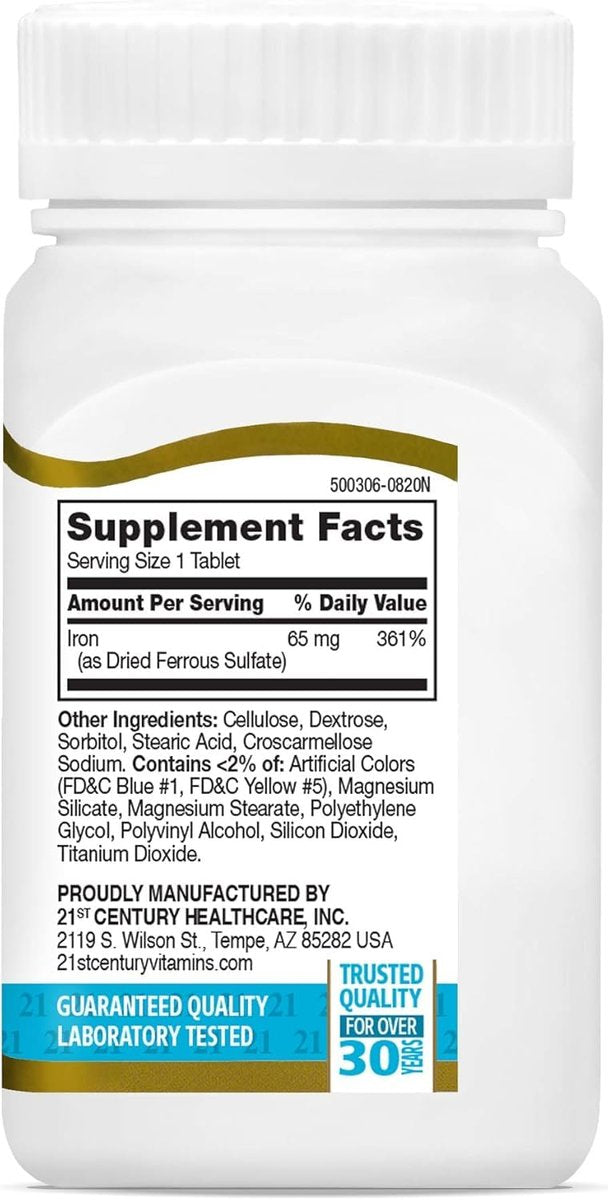 21st Century Slow-Release Eisenpräparat, 120 Tabletten, Hochpotentes veganes Eisen mit 325 mg Eisensulfat, glutenfrei, ohne Hefe oder künstliche Aromen