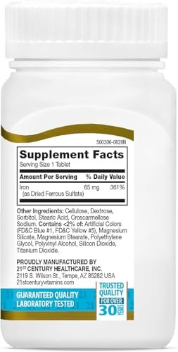 21st Century Slow-Release Eisenpräparat, 120 Tabletten, Hochpotentes veganes Eisen mit 325 mg Eisensulfat, glutenfrei, ohne Hefe oder künstliche Aromen